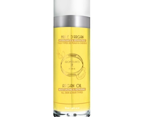 Flacon en verre d'huile d'argan vierge Aromadunes 50 ml, étiquette jaune, vue de face