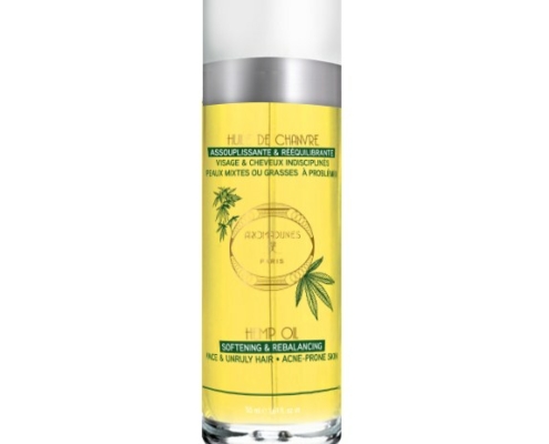 Flacon en verre d'huile de chanvre vierge Aromadunes 50 ml, vue de face