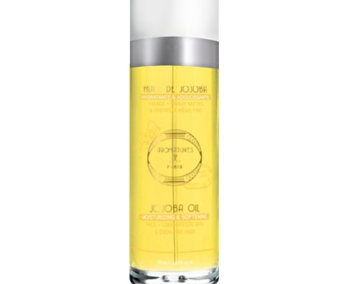 Flacon en verre d'huile de jojoba vierge Aromadunes 50 ml, vue de face