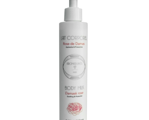 Flacon de lait corporel Aromadunes 200 ml, packaging blanc et doré, vue de face