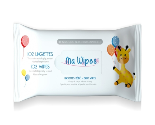 Paquet de lingettes bébé MaWipes, format 102 lingettes, packaging bleu et blanc, vue de face