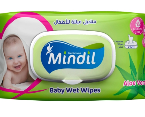 Paquet de lingettes bébé Mindil parfum aloe vera, format 120 lingettes, vue de trois quarts