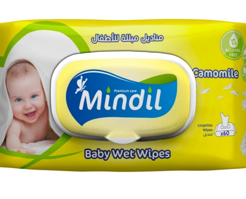 Paquet de lingettes bébé Mindil parfum camomille, format 60 lingettes, vue de trois quarts