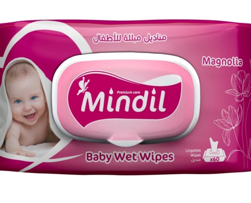 Paquet de lingettes bébé Mindil parfum magnolia, format 60 lingettes, vue de trois quarts