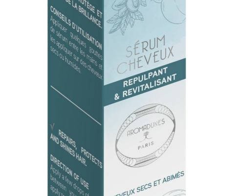 Étui du sérum cheveux secs et abîmés Aromadunes 50 ml, packaging bleu-vert, vue de face